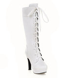 cold weather outfits Amfeov British Ladies Knee High Boots Round Toe Lace Up 12CM Platforms Spike Heels Shoes Size 31-45 White A4206