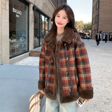 cold weather outfits Amfeov Thickened Fleece-Lined Plaid Lamb Wool Jacket Women's Autumn/Winter 2024 New Maillard Vintage Leather Motorcycle Jacket