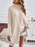 christmas outfit Amfeov Long Sleeves Loose Solid Color Split-Front Velvet Mock Neck Pullovers Sweater Tops