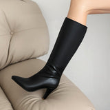 cold weather outfits Amfeov Women Knee High Boots Pointed Toe Small Heels 8.5cm Size 45 46 47 Fashion Sexy Party Female Booties