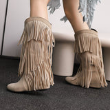 cold weather outfits Amfeov Women Mid Calf Boots Round Toe Increased Heel Fringe Flock Suede 46 47 48 Slip On Fashion Dating Bota