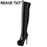 cold weather outfits Amfeov Sexy Women Thigh Boots Round Toe Stiletto 12cm Platform Zipper Large Size 44 45 46 Party Club Dancing Stretch Booties