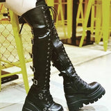 Amfeov Brand Design Big Size 43 Shoelaces Cosplay Motorcycles Boots Buckles Platform Wedges High Heels Thigh High Boots Women Shoes