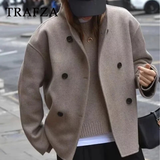 cold weather outfits Amfeov 2024 Autumn Winter Women Casual Solid Woolen Coat Fashion Office Lady Loose Double Breasted Turtleneck Demi-season Jacket