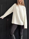 christmas outfit Amfeov Long Sleeves Loose Solid Color Split-Joint Round-Neck Sweater Tops