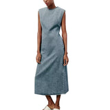 cold weather outfits Amfeov Women's Sleeveless Denim Long Dress, Casual Slimming Dress, Versatile Midi Dress, New Fashion