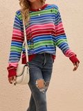 christmas outfit Amfeov Long Sleeves Loose Contrast Color Hollow Striped Round-Neck Pullovers Sweater Tops