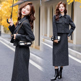 cold weather outfits Amfeov Fashionable Casual Suit Autumn/Winter New PU Leather Patchwork Tweed Style Down Jacket Half Skirt 2-Piece Set Skirt YJ6816