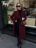 christmas outfit Amfeov Women's Chic Burgundy Double-breasted Woolen Overcoat 2025 New Fashion Flap Pocket Lapel Long Jacket Elegant Lady Street Outwear