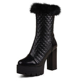 cold weather outfits Amfeov Women Knight Boots Round Toe Block Heels 11cm Platform Hill Fur Mid Calf Bota Size 47 48