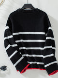 christmas outfit Amfeov Long Sleeves Loose Contrast Color Split-Joint Striped Round-Neck Pullovers Sweater Tops