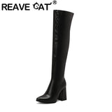 cold weather outfits Amfeov Sexy Thigh Boots Women Pointed Toe Block Heels 10cm Size 47 48 49 50 Party Soft Female Stretch Booties