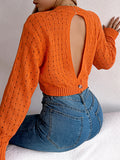 christmas outfit Amfeov Long Sleeves Loose Backless Buttoned Hollow Solid Color Split-Joint Round-Neck Pullovers Sweater Tops