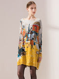 christmas outfit Amfeov Original Loose Cartoon Printed Round-Neck Long Sleeves Sweater Dress