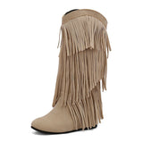 cold weather outfits Amfeov Women Mid Calf Boots Round Toe Increased Heel Fringe Flock Suede 46 47 48 Slip On Fashion Dating Bota