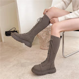 Amfeov New Chunky Platform Knitted Long Boots Women 2024 Autumn Thick Bottom Warm Sock Shoes Woman Lace Up Knee High Botas De Mujer