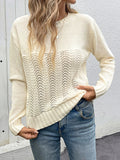 christmas outfit Amfeov Long Sleeves Loose Hollow Solid Color Round-Neck Pullovers Sweater Tops