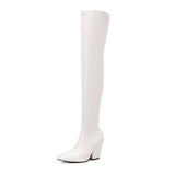 cold weather outfits Amfeov Thigh Boots 60cm Shaft Pointed Toe Block Heel 9.5cm Stretchy Booties Sexy Party Big Size 47 48