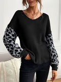 christmas outfit Amfeov Loose Puff Sleeves Leopard Split-Joint V-Neck Sweater Tops