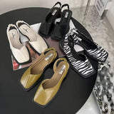 Amfeov Fashion Ladies Elastic Band Flat Heel Women Summer Elegant Ladies Sandals Shallow Party Shoes Square Heel Square Toe