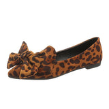 Amfeov Lady Plus Size Chinese  Bow-Knot Flats Leopard Printed Flock Tender Pointy Toe Women Leisure Shoes To Match Bags Italy Brown