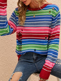 christmas outfit Amfeov Long Sleeves Loose Contrast Color Hollow Striped Round-Neck Pullovers Sweater Tops