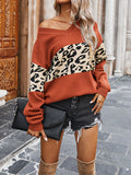 christmas outfit Amfeov Long Sleeves Loose Leopard Split-Joint V-Neck Pullovers Sweater Tops