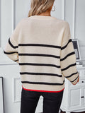 christmas outfit Amfeov Long Sleeves Loose Contrast Color Split-Joint Striped Round-Neck Pullovers Sweater Tops