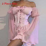 cold weather outfits Amfeov Summer Sweet Women 2 Piece Dress Sets Pink Chiffon Dress Off Shoulder Outfits Lace-up Corset Bustier Two Piece Party Dress Suits