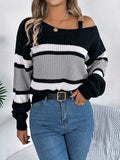 christmas outfit Amfeov Long Sleeves Loose Asymmetric Contrast Color Split-Joint Striped Cold Shoulder Sweater Tops