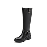 cold weather outfits Amfeov Wide Leg Women Knee Boots Round Toe 4.5cm Block Heels Platform Size 41 42 43 Fashion Daily Bota Black