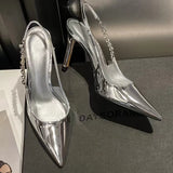 Amfeov Shiny High Heels Slingback Silver Women Pumps Metallic Crystal Sandals Pointy Toe Stiletto Heeled Shoes Party Dress Shoes Woman