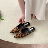 Amfeov Women Slippers Pointed Toe Leopard Design Shallow Slip on Thin Low Heels Black Flock Design Casual Mules Loafers Black Outdoor