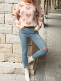 christmas outfit Amfeov Long Sleeves Loose Heart Print Jacquard Split-Joint Round-Neck Pullovers Sweater Tops