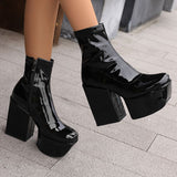 cold weather outfits Amfeov Patent Leather Women Ankle Boots Toe Chunky Heels 12cm Platform Hill Size 46 47 48 Sexy Dating Bota