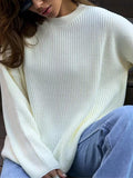 christmas outfit Amfeov Long Sleeves Loose Solid Color Split-Joint Round-Neck Sweater Tops