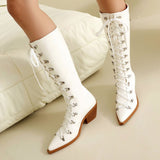 cold weather outfits Amfeov Patent Leather Women Knee High Boots Pointed Toe Chunky Heel 6.5cm Lace Up Decor Size 44 45 46 Booties