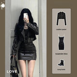 cold weather outfits Amfeov 2024 Autumn New Women's Cropped Leather Jacket Tank Dress Slimming Bodycon Skirt Trendy Fashionable Female Dress Set