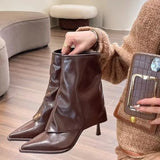 Amfeov Ankle Boots Women Black Beige Brown Microfiber Leather Women Short Boots Pointed Toe Stiletto High Heel Winter Ladies Boots