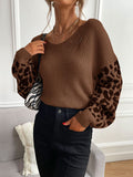 christmas outfit Amfeov Loose Puff Sleeves Leopard Split-Joint V-Neck Sweater Tops