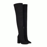 cold weather outfits Amfeov Women Boots Over Knee 61cm Chunky Heels 10.5cm Pointed Toe Flock Suede Big Size 33 45 46 48 Black