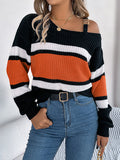 christmas outfit Amfeov Long Sleeves Loose Asymmetric Contrast Color Split-Joint Striped Cold Shoulder Sweater Tops