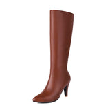 cold weather outfits Amfeov Women Knee High Boots Pointed Toe Small Heels 8.5cm Size 45 46 47 Fashion Sexy Party Female Booties