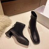 Amfeov Square Toe Boots Women's Autumn Winter Elastic Thick Heel Back Zip Ankle Boots Fashion Gray Black Botas De Mujer