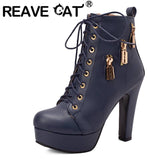 cold weather outfits Amfeov Ladies Boots Ankle 10.5cm Round Toe Platform 2.5cm High Block Heel 12cm Lace-up Decoration Big Size 34-50