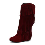 cold weather outfits Amfeov Women Mid Calf Boots Round Toe Increased Heel Fringe Flock Suede 46 47 48 Slip On Fashion Dating Bota