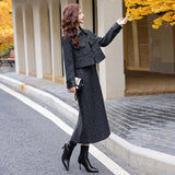 cold weather outfits Amfeov Fashionable Casual Suit Autumn/Winter New PU Leather Patchwork Tweed Style Down Jacket Half Skirt 2-Piece Set Skirt YJ6816