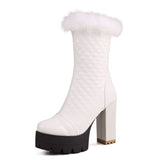 cold weather outfits Amfeov Women Knight Boots Round Toe Block Heels 11cm Platform Hill Fur Mid Calf Bota Size 47 48