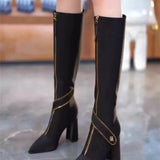 Amfeov Black Boots Female 2024 New Winter Belt Buckle Thin Pointed Thick Heel Boots Botas De Mujer  Thigh High White Boots