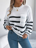 christmas outfit Amfeov Long Sleeves Loose Contrast Color Pockets Split-Joint Round-Neck Pullovers Sweater Tops